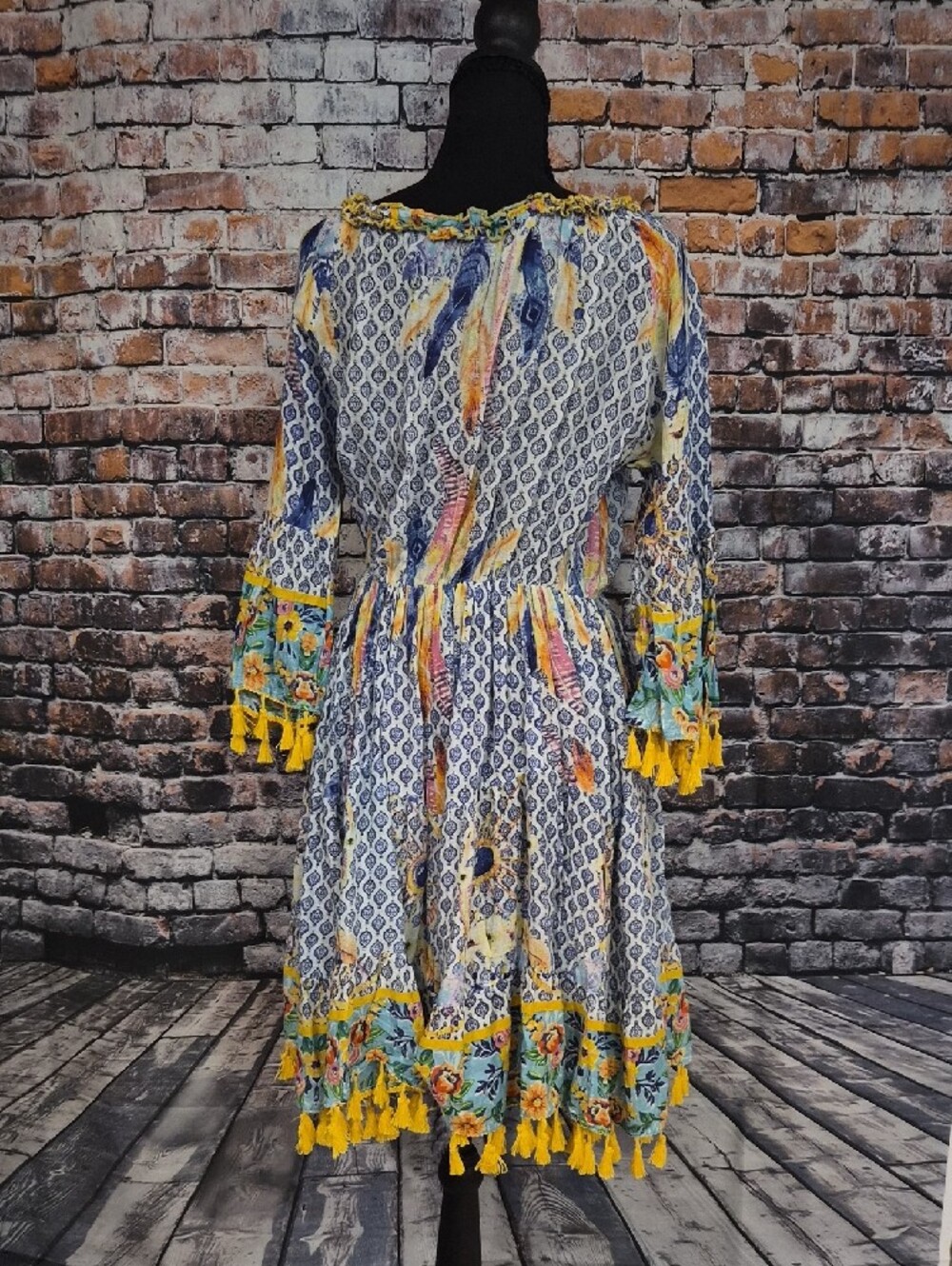 Antica Sortoria Embroidered Floral Long-Sleeve Tassel Dress in Blue and Yellow - Picture 9 of 12